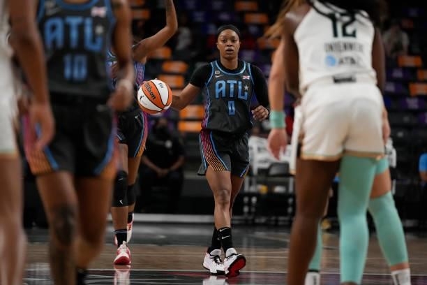 Odyssey Sims of the Atlanta Dream handles the ball against the New York Liberty on June 26, 2021 at Gateway Center Arena in College Park, Georgia....