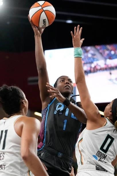 Elizabeth Williams of the Atlanta Dream shoots the ball against the New York Liberty on June 26, 2021 at Gateway Center Arena in College Park,...