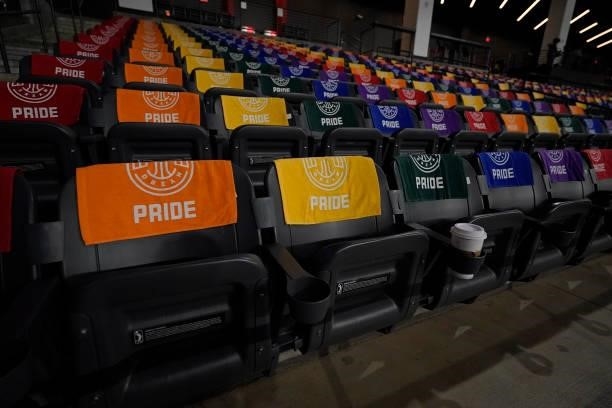 The Atlanta Dream celebrate pride night during the game against the New York Liberty on June 26, 2021 at Gateway Center Arena in College Park,...