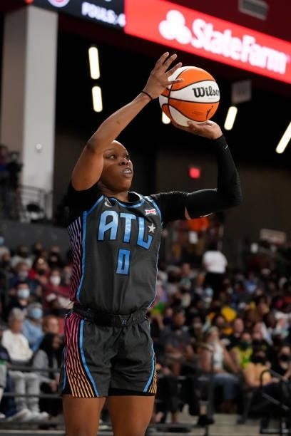 Odyssey Sims of the Atlanta Dream shoots the ball against the New York Liberty on June 26, 2021 at Gateway Center Arena in College Park, Georgia....