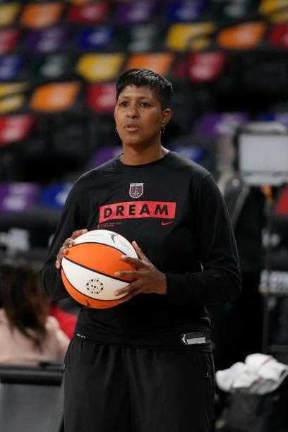 Referee, LaKeshia Frett of the Atlanta Dream looks on during the game against the New York Liberty on June 26, 2021 at Gateway Center Arena in...