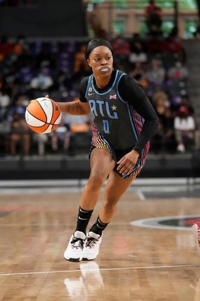 Odyssey Sims of the Atlanta Dream handles the ball against the New York Liberty on June 26, 2021 at Gateway Center Arena in College Park, Georgia....