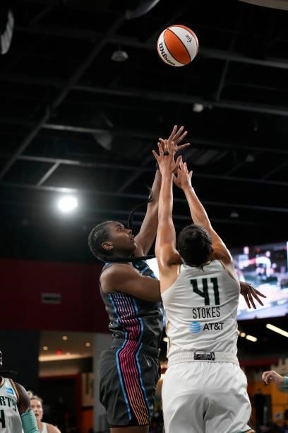 Elizabeth Williams of the Atlanta Dream shoots the ball against the New York Liberty on June 26, 2021 at Gateway Center Arena in College Park,...