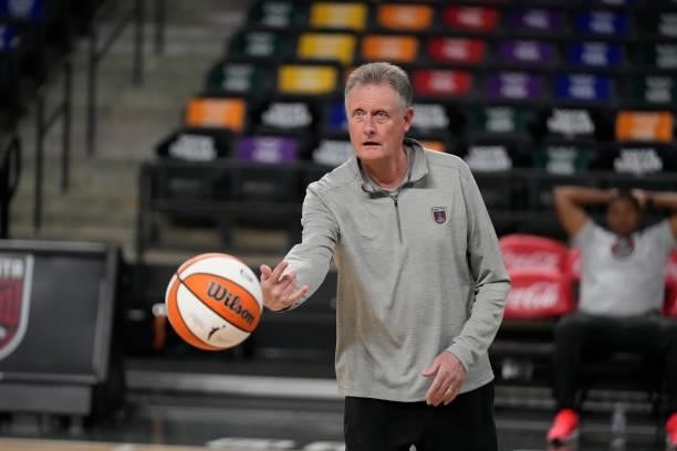 Head Coach, Mike Petersen of the Atlanta Dream warms up with his players before the game against the New York Liberty on June 26, 2021 at Gateway...