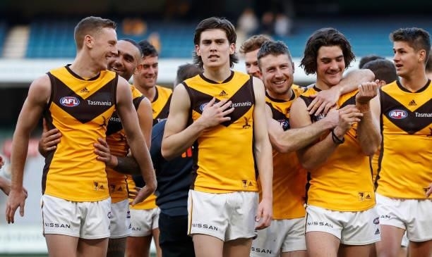 Hawks players celebrate during the 2021 AFL Round 15 match between the GWS Giants and the Hawthorn Hawks at the Melbourne Cricket Ground on June 27,...