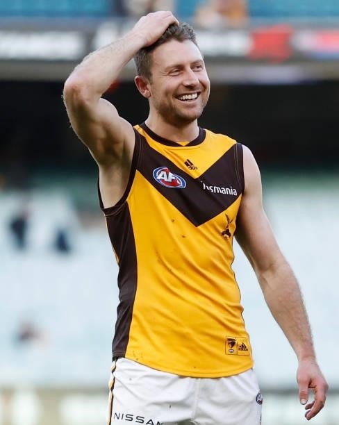 Liam Shiels of the Hawks celebrates during the 2021 AFL Round 15 match between the GWS Giants and the Hawthorn Hawks at the Melbourne Cricket Ground...