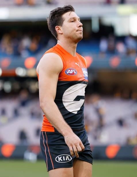 Toby Greene of the Giants looks dejected after a loss during the 2021 AFL Round 15 match between the GWS Giants and the Hawthorn Hawks at the...