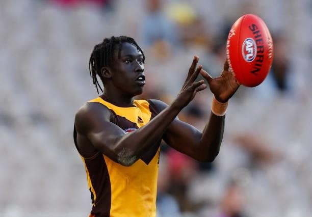 Changkuoth Jiath of the Hawks in action during the 2021 AFL Round 15 match between the GWS Giants and the Hawthorn Hawks at the Melbourne Cricket...