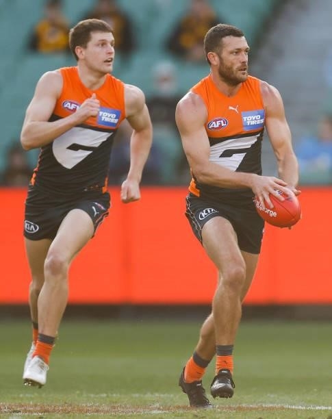 Sam J. Reid of the Giants in action during the 2021 AFL Round 15 match between the GWS Giants and the Hawthorn Hawks at the Melbourne Cricket Ground...