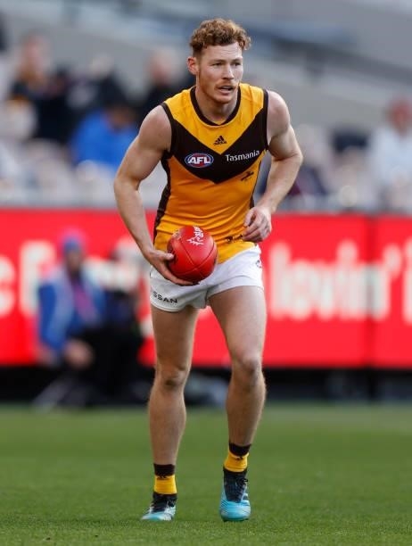 Tim OBrien of the Hawks in action during the 2021 AFL Round 15 match between the GWS Giants and the Hawthorn Hawks at the Melbourne Cricket Ground on...