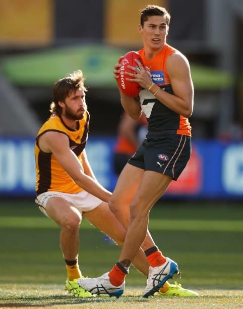 Isaac Cumming of the Giants in action during the 2021 AFL Round 15 match between the GWS Giants and the Hawthorn Hawks at the Melbourne Cricket...