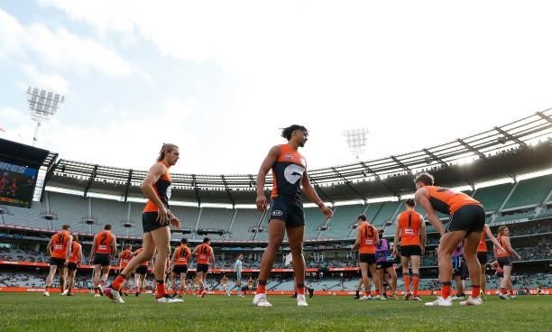 Connor Idun of the Giants is seen during the 2021 AFL Round 15 match between the GWS Giants and the Hawthorn Hawks at the Melbourne Cricket Ground on...