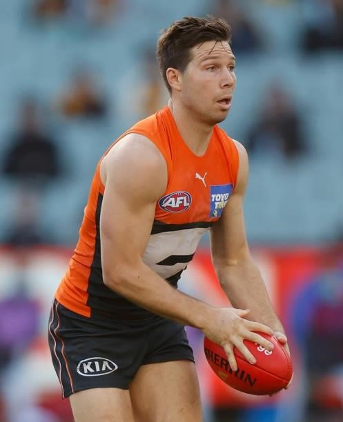 Toby Greene of the Giants in action during the 2021 AFL Round 15 match between the GWS Giants and the Hawthorn Hawks at the Melbourne Cricket Ground...