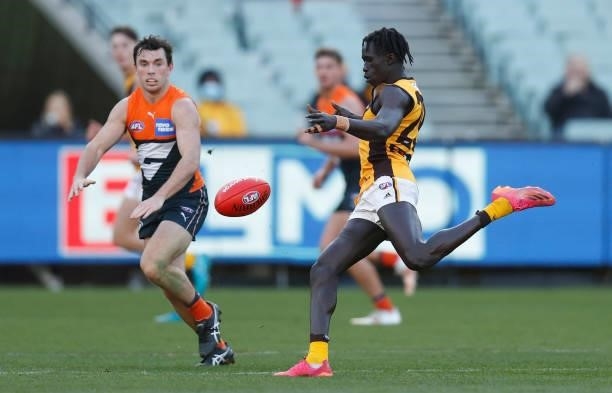 Changkuoth Jiath of the Hawks in action during the 2021 AFL Round 15 match between the GWS Giants and the Hawthorn Hawks at the Melbourne Cricket...