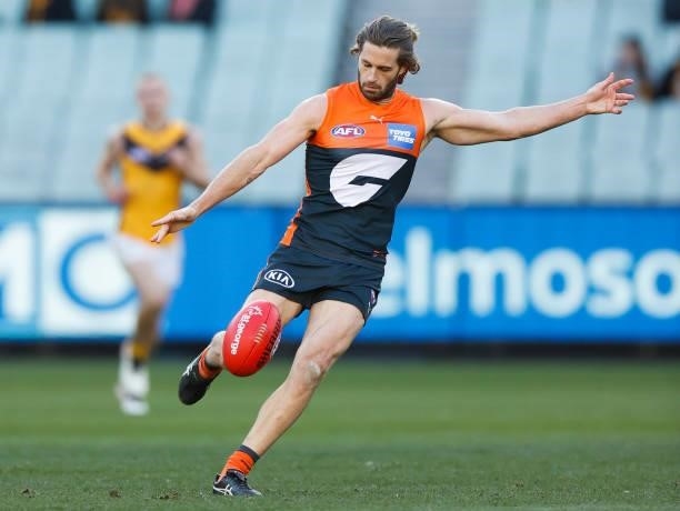 Callan Ward of the Giants in action during the 2021 AFL Round 15 match between the GWS Giants and the Hawthorn Hawks at the Melbourne Cricket Ground...