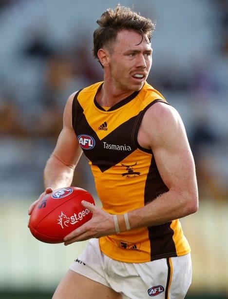 Lachlan Bramble of the Hawks in action during the 2021 AFL Round 15 match between the GWS Giants and the Hawthorn Hawks at the Melbourne Cricket...