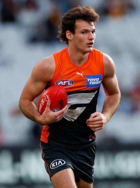 Jack Buckley of the Giants in action during the 2021 AFL Round 15 match between the GWS Giants and the Hawthorn Hawks at the Melbourne Cricket Ground...