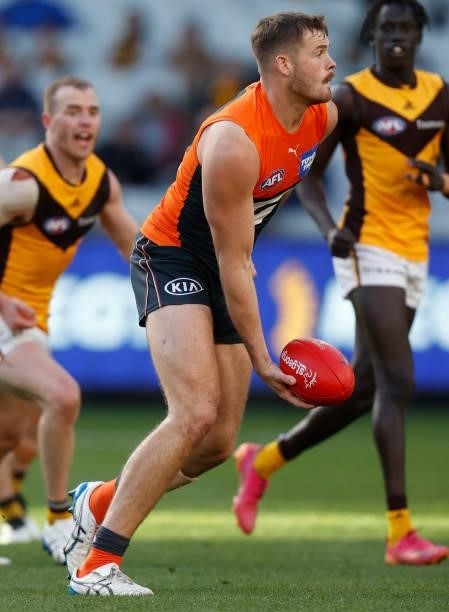 Matt Flynn of the Giants in action during the 2021 AFL Round 15 match between the GWS Giants and the Hawthorn Hawks at the Melbourne Cricket Ground...