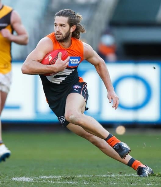 Callan Ward of the Giants in action during the 2021 AFL Round 15 match between the GWS Giants and the Hawthorn Hawks at the Melbourne Cricket Ground...