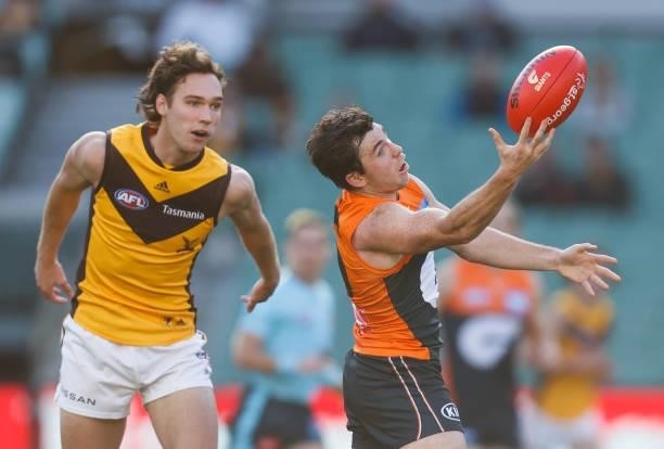 Brent Daniels of the Giants in action during the 2021 AFL Round 15 match between the GWS Giants and the Hawthorn Hawks at the Melbourne Cricket...