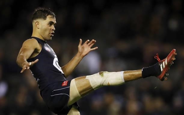 Jack Martin of the Blues kicks a goal during the 2021 AFL Round 15 match between the Carlton Blues and the Adelaide Crows at Marvel Stadium on June...