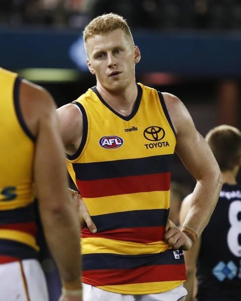 Reilly OBrien of the Crows looks dejected after a loss during the 2021 AFL Round 15 match between the Carlton Blues and the Adelaide Crows at Marvel...