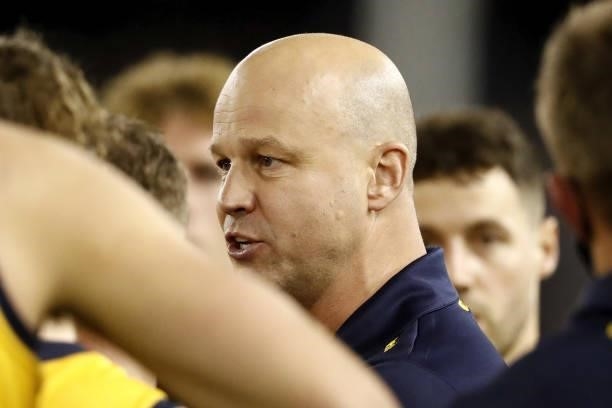Senior Coach Matthew Nicks of the Crows addresses his playersduring the 2021 AFL Round 15 match between the Carlton Blues and the Adelaide Crows at...