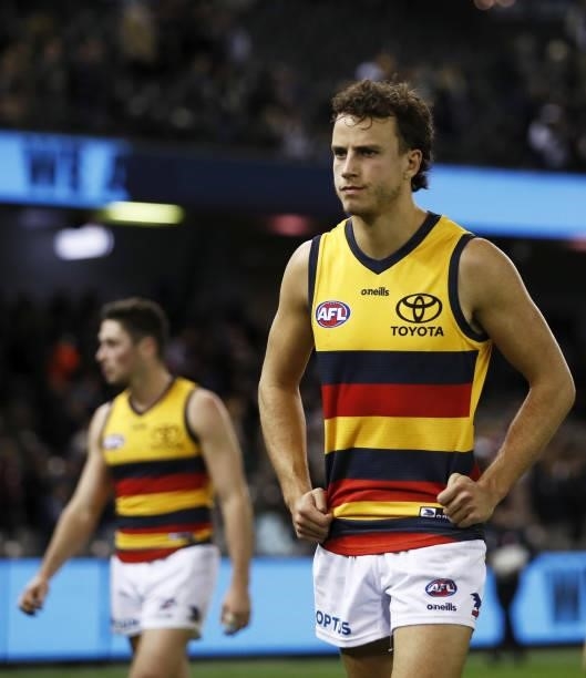 Will Hamill of the Crows looks dejected after a loss during the 2021 AFL Round 15 match between the Carlton Blues and the Adelaide Crows at Marvel...