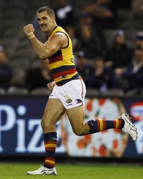 Taylor Walker of the Crows celebrates a goal during the 2021 AFL Round 15 match between the Carlton Blues and the Adelaide Crows at Marvel Stadium on...