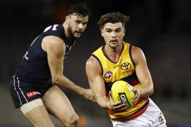 Ben Keays of the Crows in action during the 2021 AFL Round 15 match between the Carlton Blues and the Adelaide Crows at Marvel Stadium on June 27,...