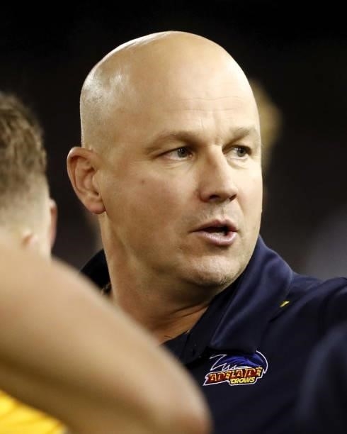 Senior Coach Matthew Nicks of the Crows addresses his playersduring the 2021 AFL Round 15 match between the Carlton Blues and the Adelaide Crows at...