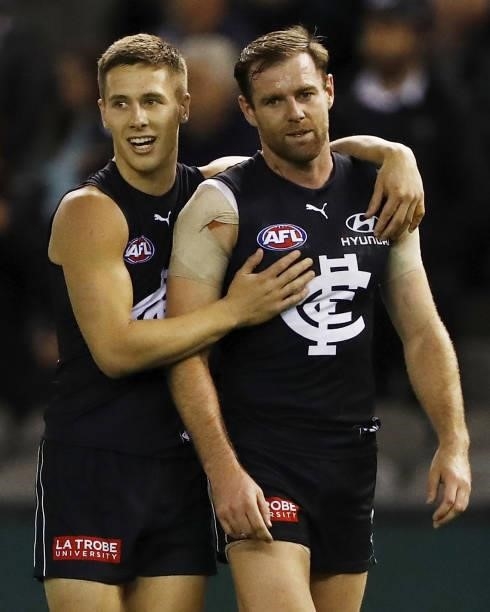 Lachie Fogarty and Sam Docherty of the Blues celebrate during the 2021 AFL Round 15 match between the Carlton Blues and the Adelaide Crows at Marvel...