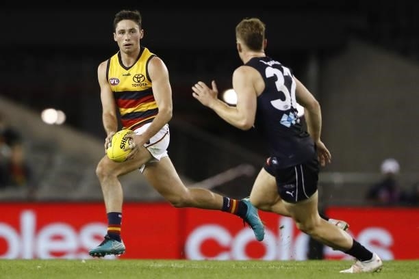 Chayce Jones of the Crows in action during the 2021 AFL Round 15 match between the Carlton Blues and the Adelaide Crows at Marvel Stadium on June 27,...