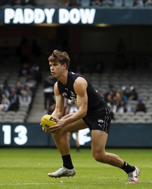 Paddy Dow of the Blues warms up during the 2021 AFL Round 15 match between the Carlton Blues and the Adelaide Crows at Marvel Stadium on June 27,...