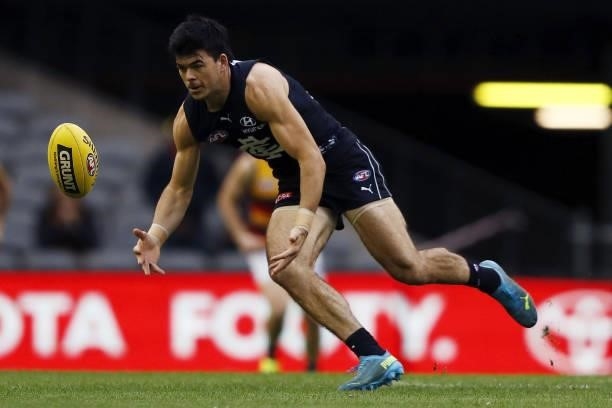 Matthew Kennedy of the Blues in action during the 2021 AFL Round 15 match between the Carlton Blues and the Adelaide Crows at Marvel Stadium on June...