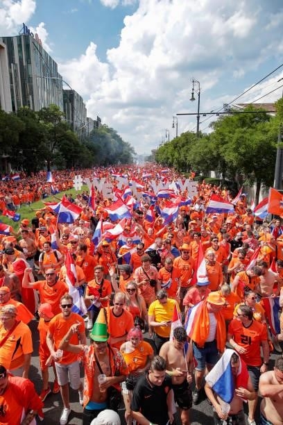 Parade Holland Supporters Budapest during the Fanzone - ParadeFanzone and Parade Holland Supporters Budapest at the City Center on June 27, 2021 in...