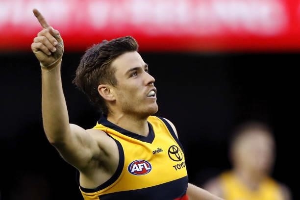 Paul Seedsman of the Crows celebrates a goal during the 2021 AFL Round 15 match between the Carlton Blues and the Adelaide Crows at Marvel Stadium on...