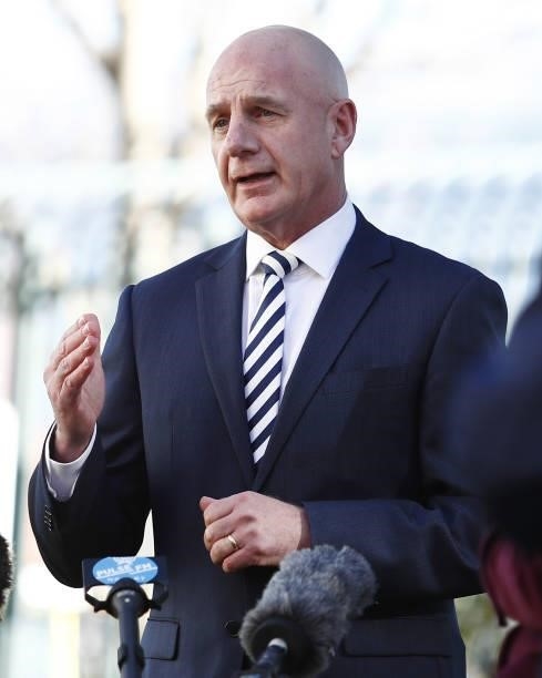 Peter Gutwein, Premier of Tasmania speaks to the media during the 2021 AFL Round 15 match between the North Melbourne Kangaroos and the Gold Coast...