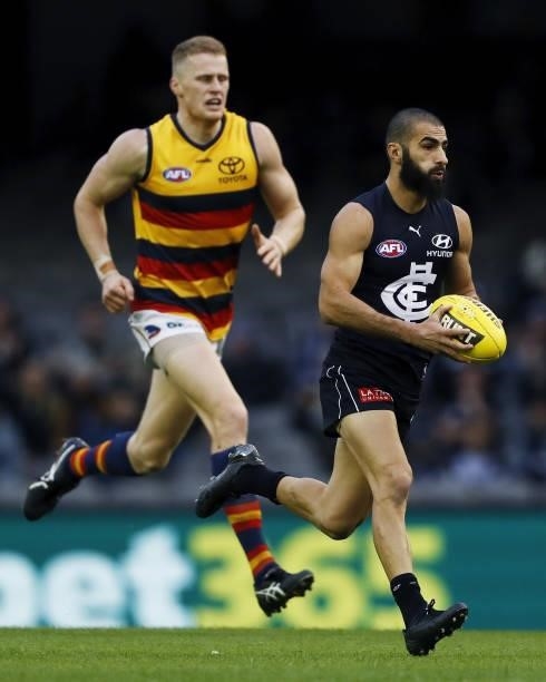 Adam Saad of the Blues runs on to kick a goal during the 2021 AFL Round 15 match between the Carlton Blues and the Adelaide Crows at Marvel Stadium...