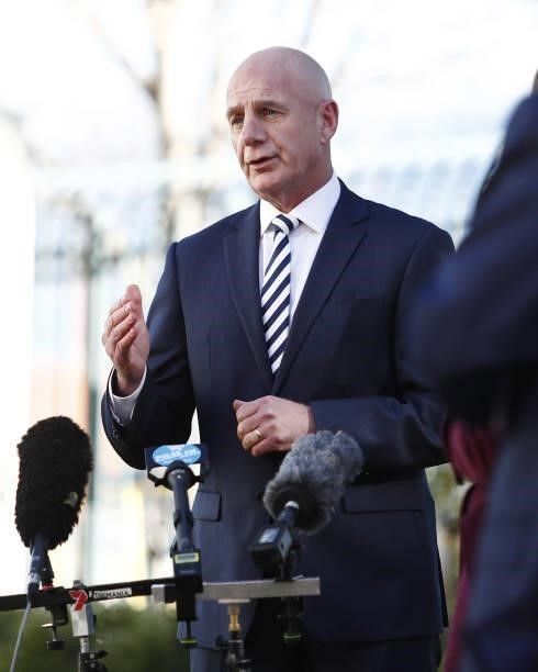 Peter Gutwein, Premier of Tasmania speaks to the media during the 2021 AFL Round 15 match between the North Melbourne Kangaroos and the Gold Coast...