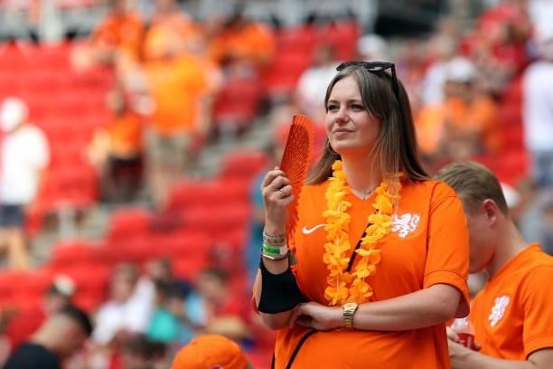Netherlands supporter waits for the start of the UEFA EURO 2020 round of 16 football match between the Netherlands and the Czech Republic at Puskas...