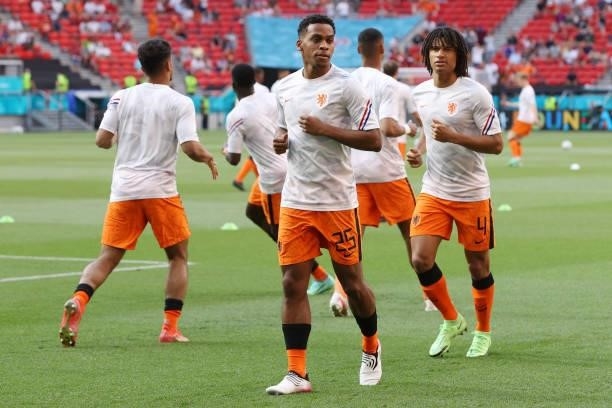 Netherlands' players warm up before the UEFA EURO 2020 round of 16 football match between the Netherlands and the Czech Republic at Puskas Arena in...