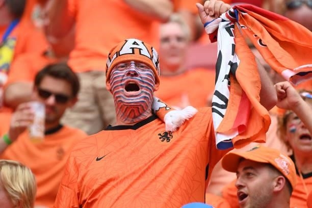 Netherlands supporters cheers before the UEFA EURO 2020 round of 16 football match between the Netherlands and the Czech Republic at Puskas Arena in...