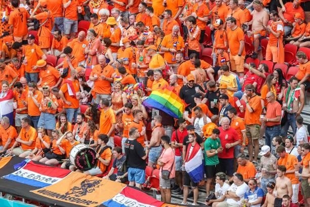 Supporters of the Netherlands with a rainbow flag during the UEFA EURO 2020 match between the Netherlands and the Czech Republic at the Puskas Arena...