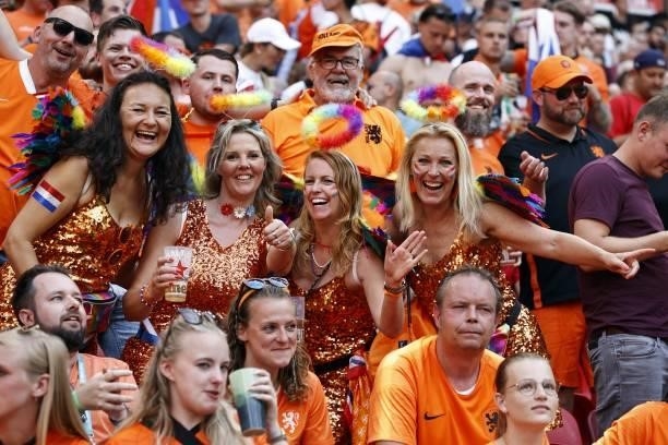 Supporters of the Netherlands during the UEFA EURO 2020 match between the Netherlands and the Czech Republic at the Puskas Arena on June 27, 2021 in...