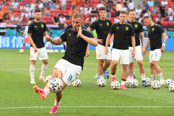 Czech Republic's midfielder Tomas Soucek warms up before the UEFA EURO 2020 round of 16 football match between the Netherlands and the Czech Republic...