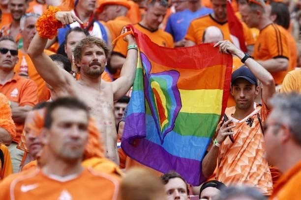 Supporters Netherlands with rainbow flag during the UEFA EURO 2020 match between the Netherlands and the Czech Republic at the Puskas Arena on June...