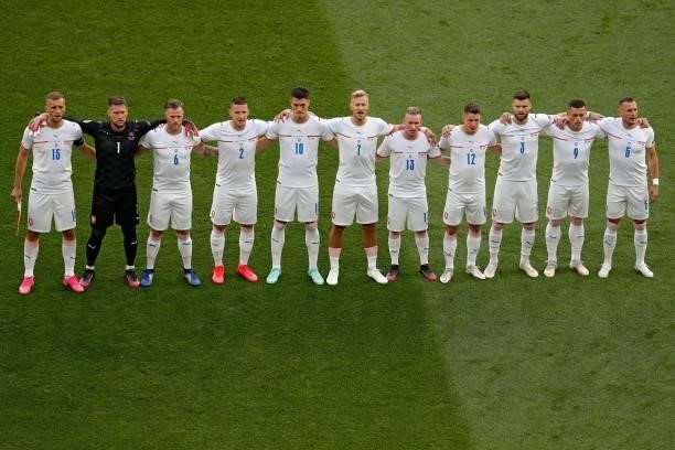 Czech Republic's players line up before the UEFA EURO 2020 round of 16 football match between the Netherlands and the Czech Republic at Puskas Arena...