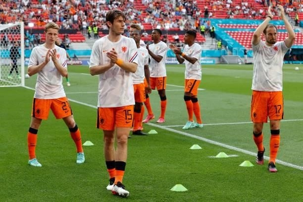 Netherlands' players acknowledge supporters before the UEFA EURO 2020 round of 16 football match between the Netherlands and the Czech Republic at...