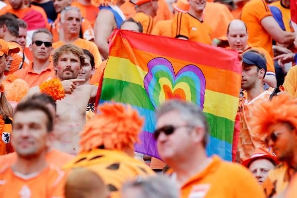 Supporters of Holland with rainbow flag during the EURO match between Holland v Czech Republic at the Puskas Arena on June 27, 2021 in Budapest...